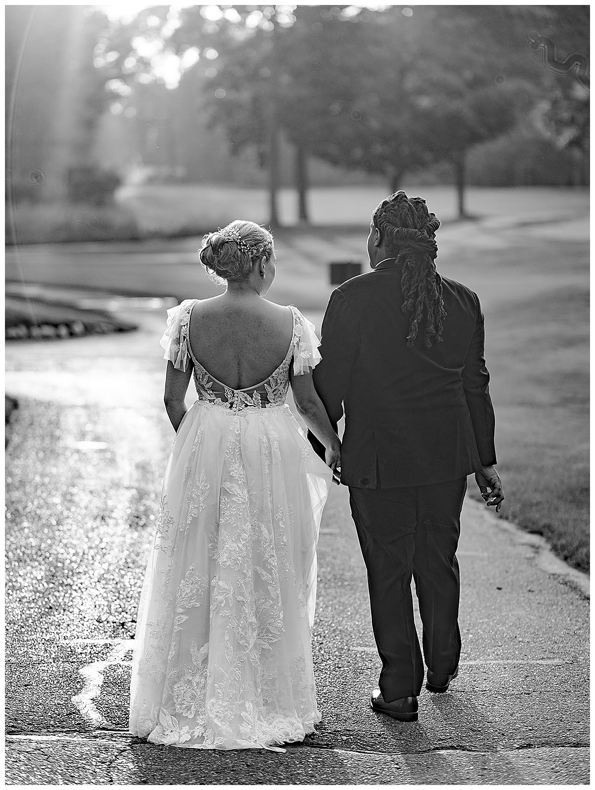 Bride and groom walk together at Cherry Creek Golf Club