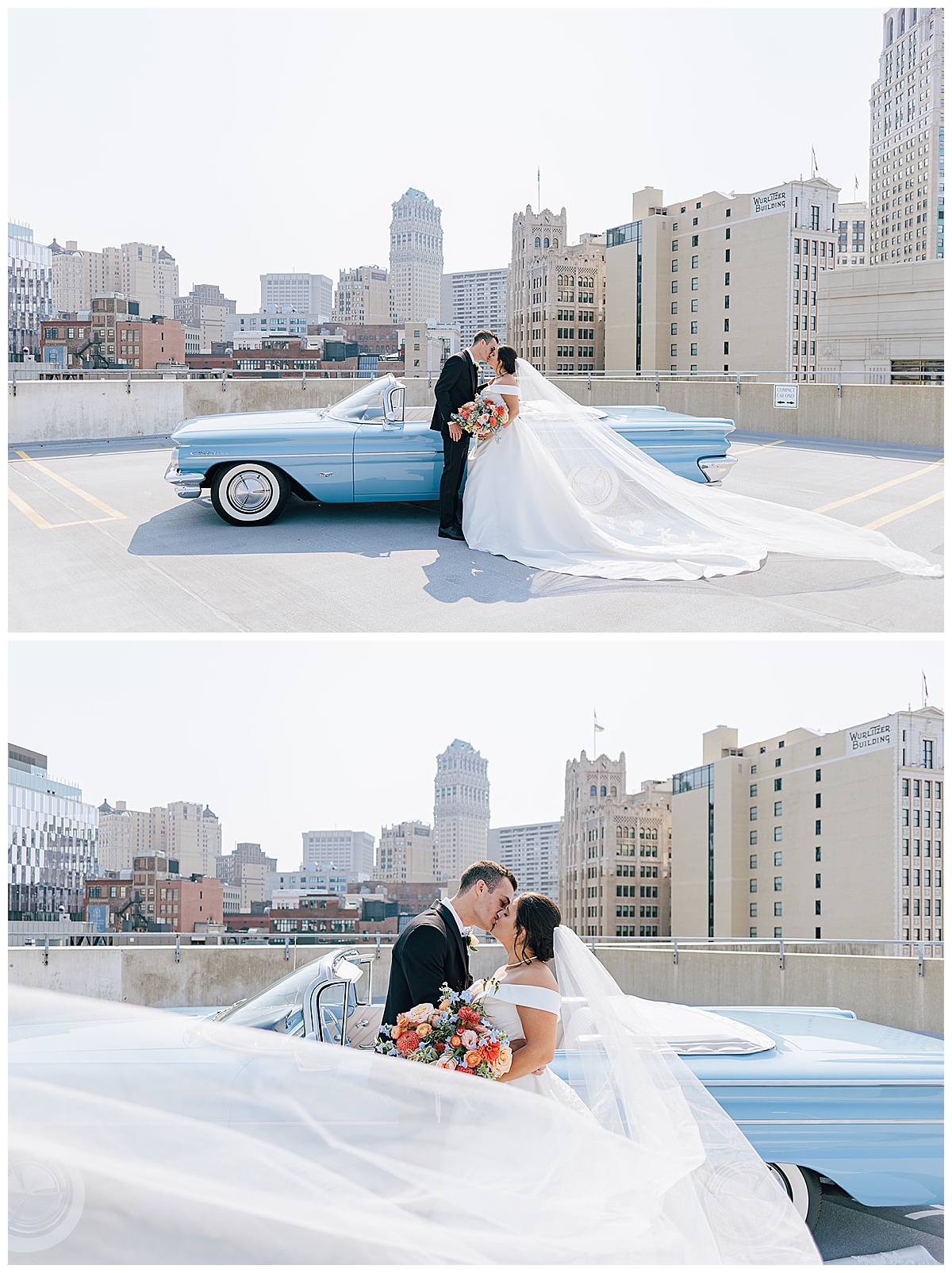 Husband and wife kiss in front of vintage car fo rKayla Bouren Photography