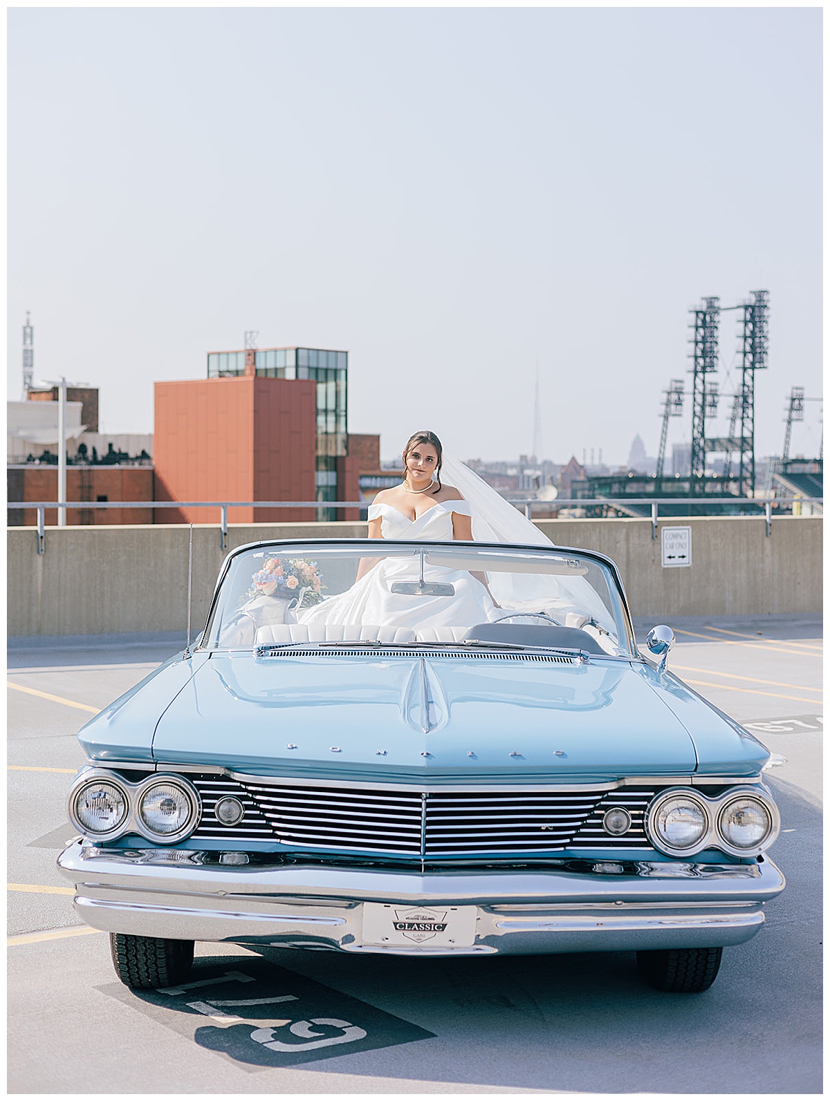 Gorgeous bride in a vintage car for Detroit Wedding Photographer