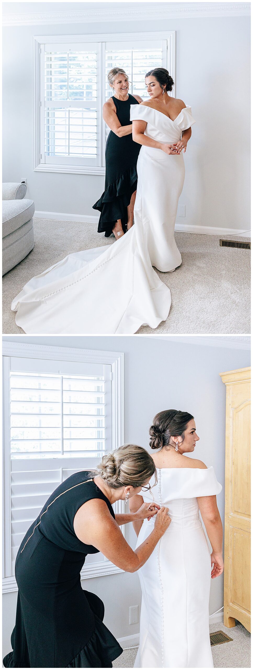 Mom help daughter into dress for Detroit Wedding Photographer 
