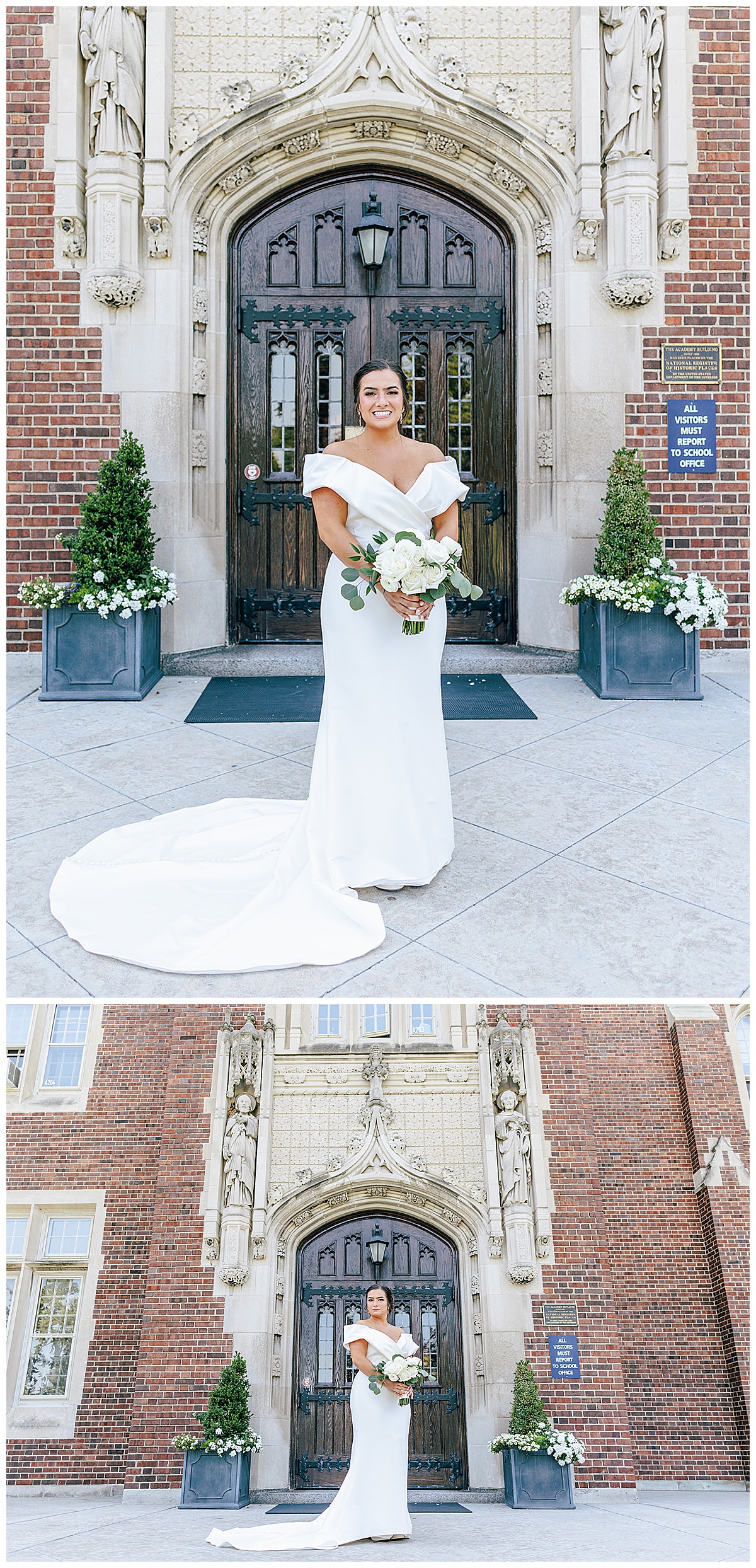Bride stands in front of church before Yacht Charter Wedding 