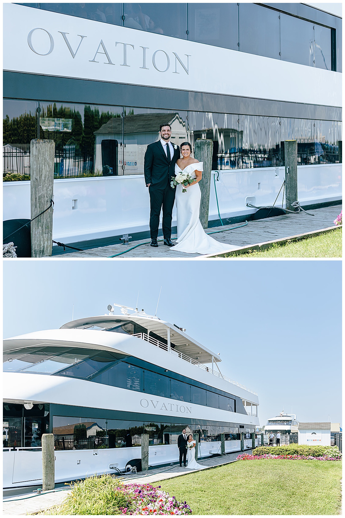 Couple stand in front of yacht charter for Detroit Wedding Photographer 