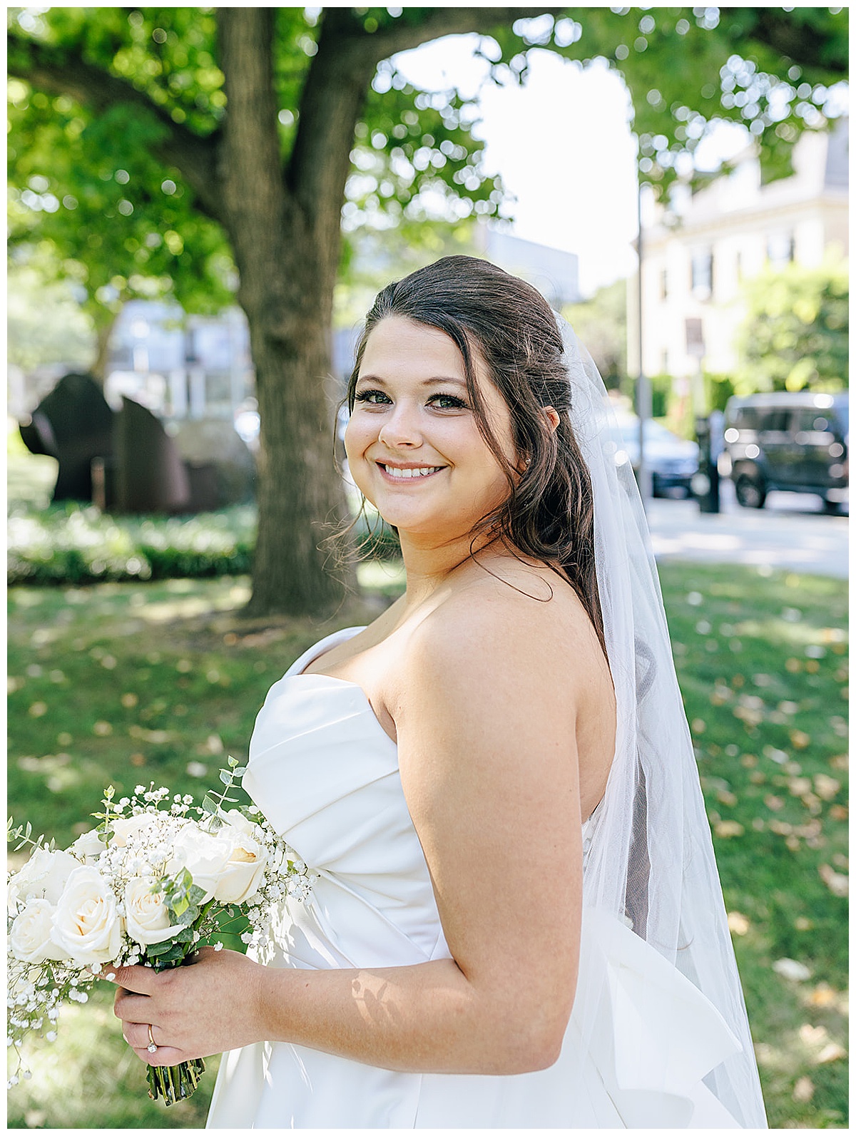 Bride shares a smile for intimate backyard wedding