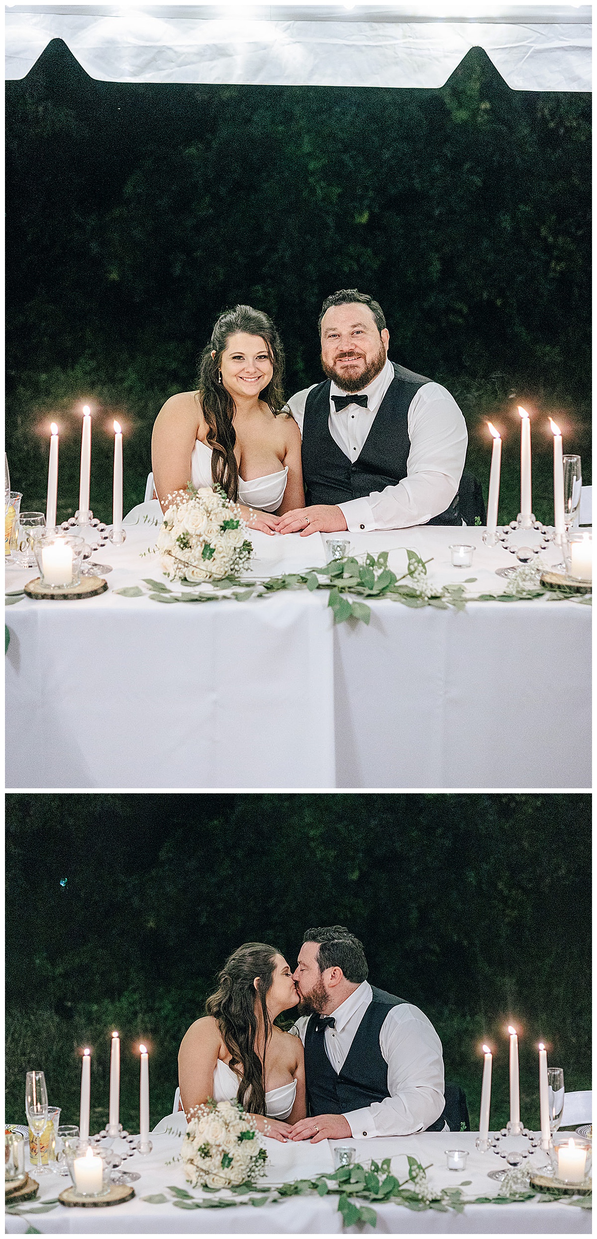 Husband and wife sit together for intimate backyard wedding