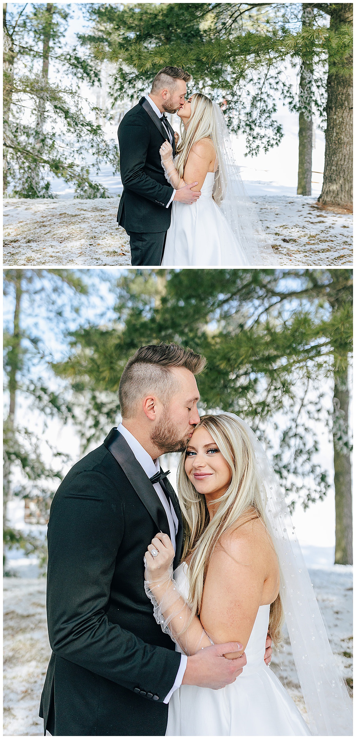 Bride and groom share a kiss for Snowy Winter Wonderland Wedding